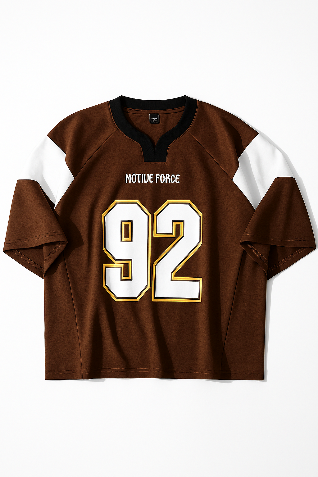 MOTIVE FORCE Varsity Jersey Tee – Brown/White (No. 92)