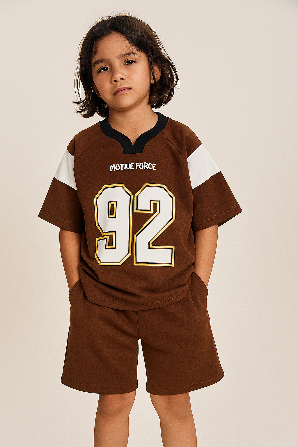 MOTIVE FORCE Varsity Jersey Tee – Brown/White (No. 92)
