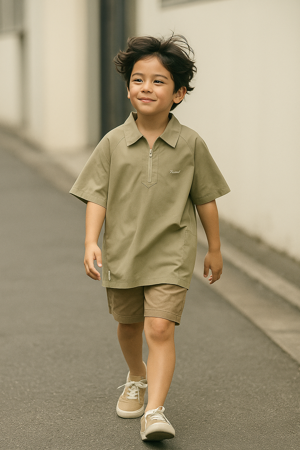 Half-Zip Minimalist Utility Polo – Sandstone Beige