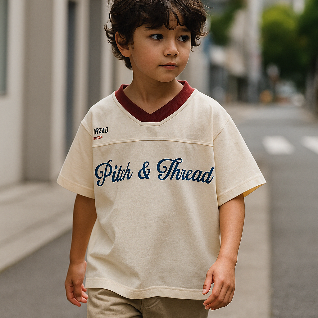 Kids Pitch & Thread Sports Graphic T-Shirt – Cream & Maroon