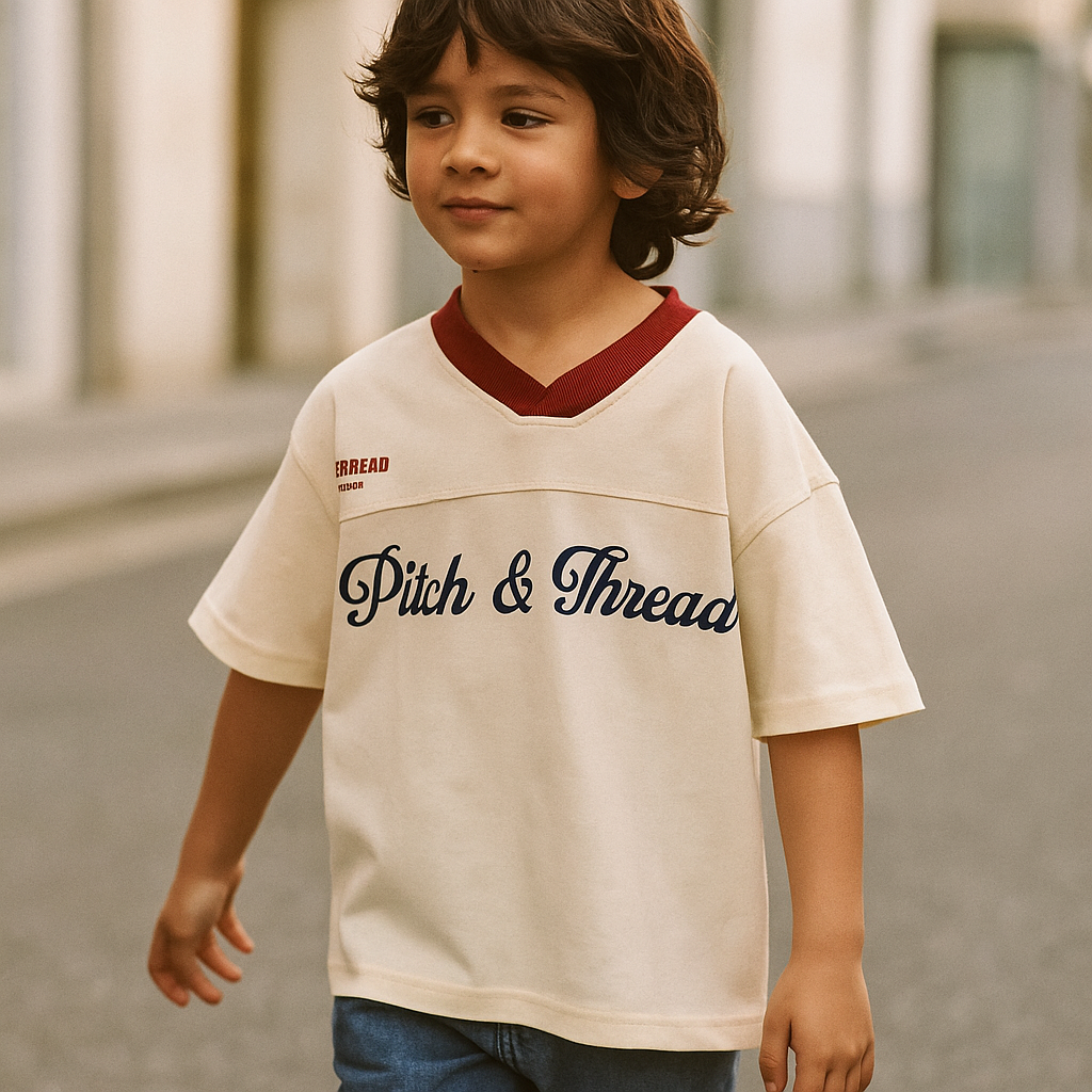 Kids Pitch & Thread Sports Graphic T-Shirt – Cream & Maroon