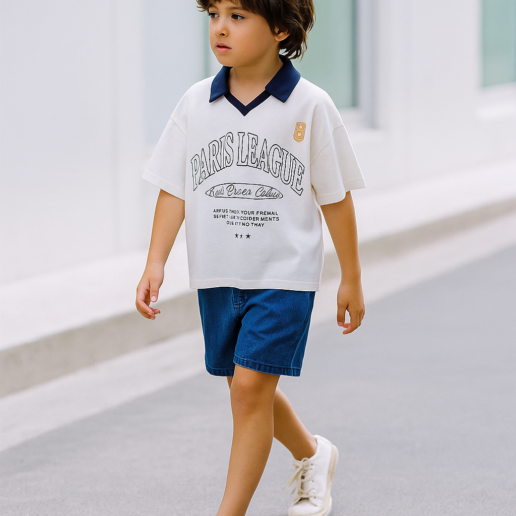 Paris League Contrast-Collar Varsity Tee – White/Navy