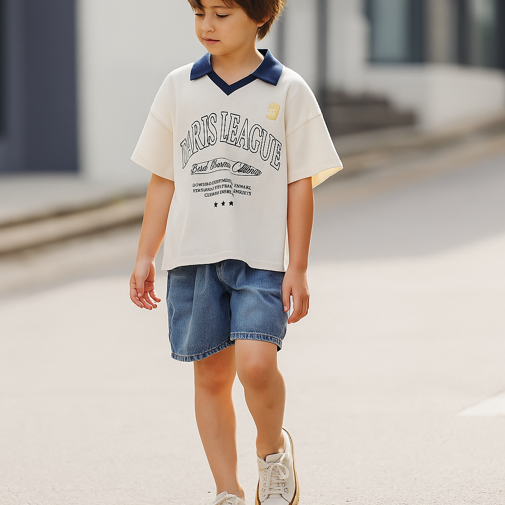 Paris League Contrast-Collar Varsity Tee – White/Navy