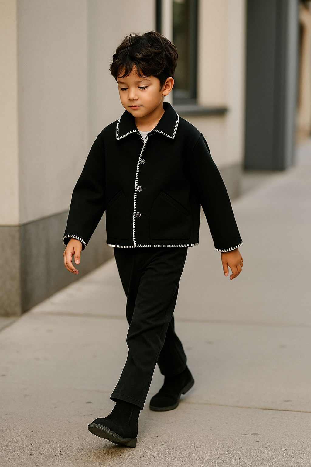 Kids Black Contrast Stitch Button Jacket