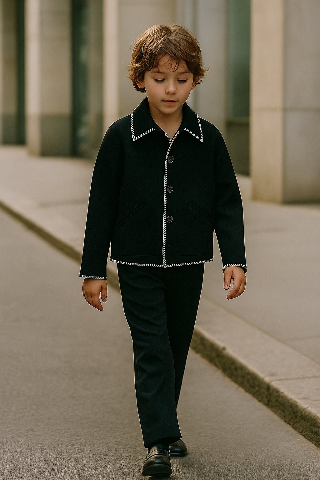 Kids Black Contrast Stitch Button Jacket