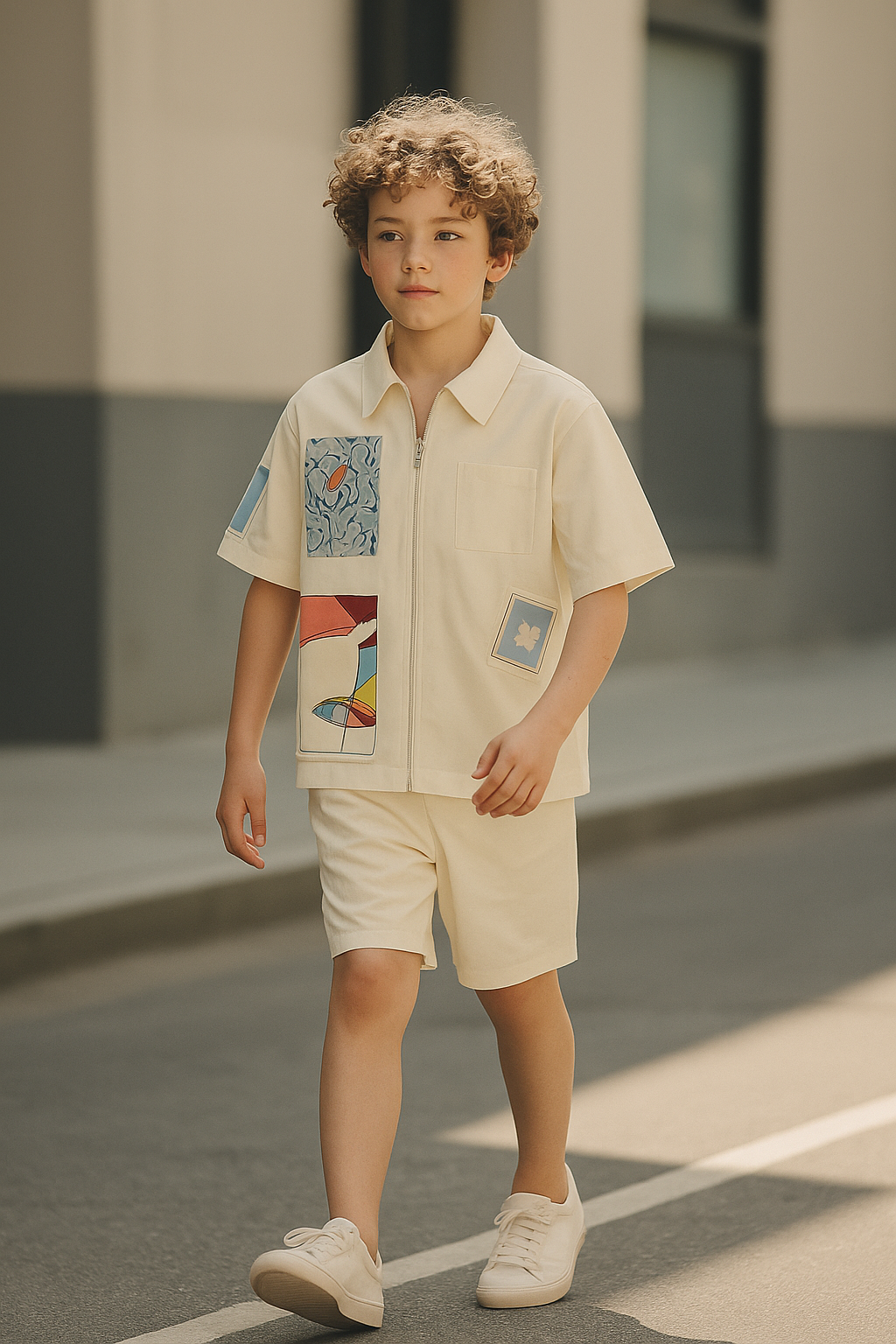 Graphic Zip-Up Short Sleeve Shirt – Cream