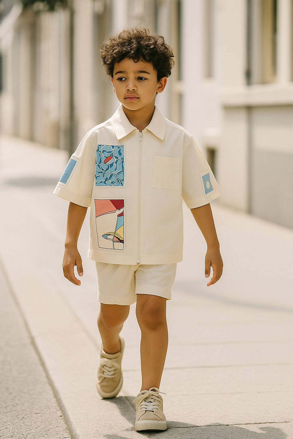 Graphic Zip-Up Short Sleeve Shirt – Cream