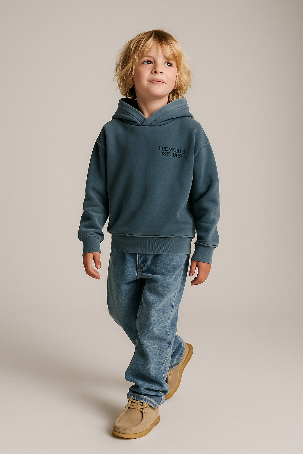 Kids Minimal “The World Is Yours” Hoodie – Blue Washed