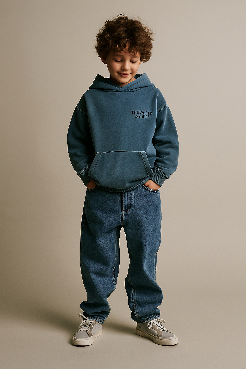 Kids Minimal “The World Is Yours” Hoodie – Blue Washed