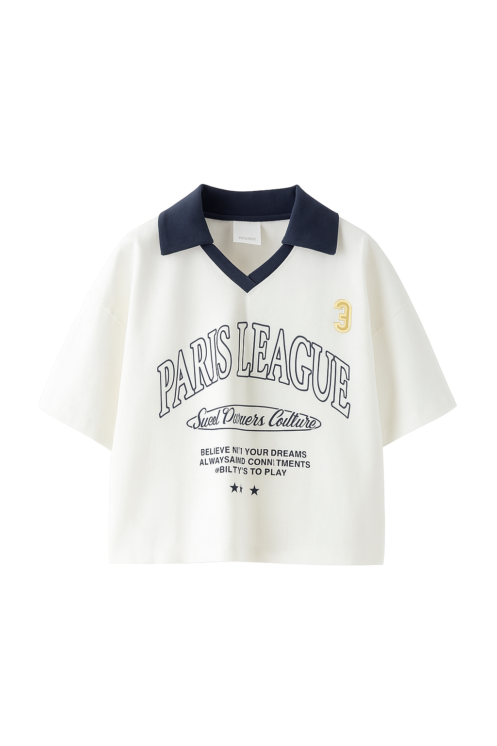 Paris League Contrast-Collar Varsity Tee – White/Navy